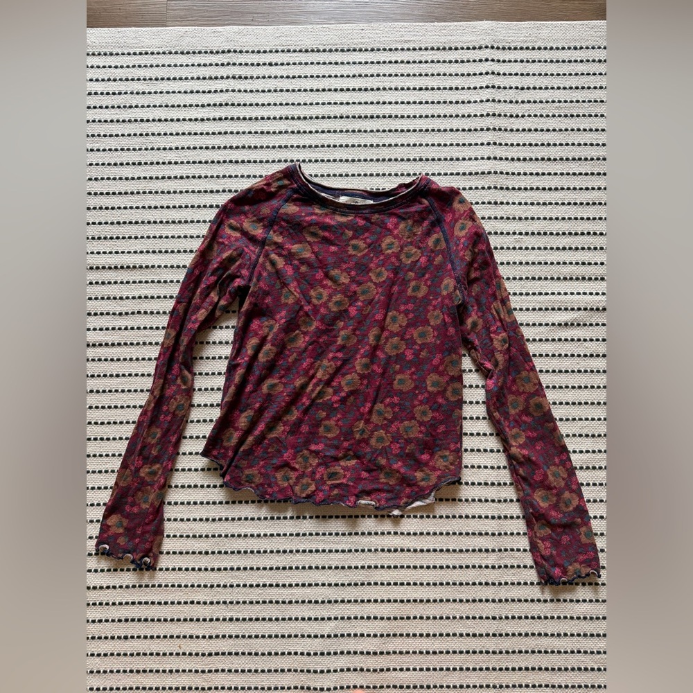Natural Life Lily Cotton Long Sleeve Tee Shirt Cranberry Brown Floral XS